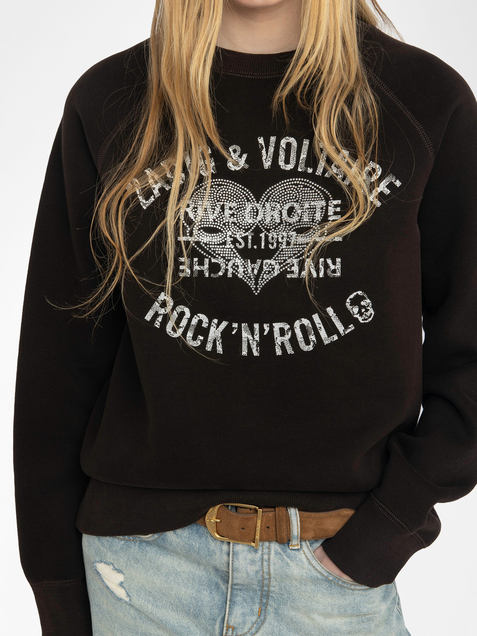 Upper Sweatshirt - Bold, effortless, and unapologetically Zadig. This chocolate brown sweatshirt is stamped with our signature ROCK 'N' ROLL manifesto and Rive Droite insignia in striking contrast print. A rebellious classic with a touch of Parisian edge—wear it your way, always.